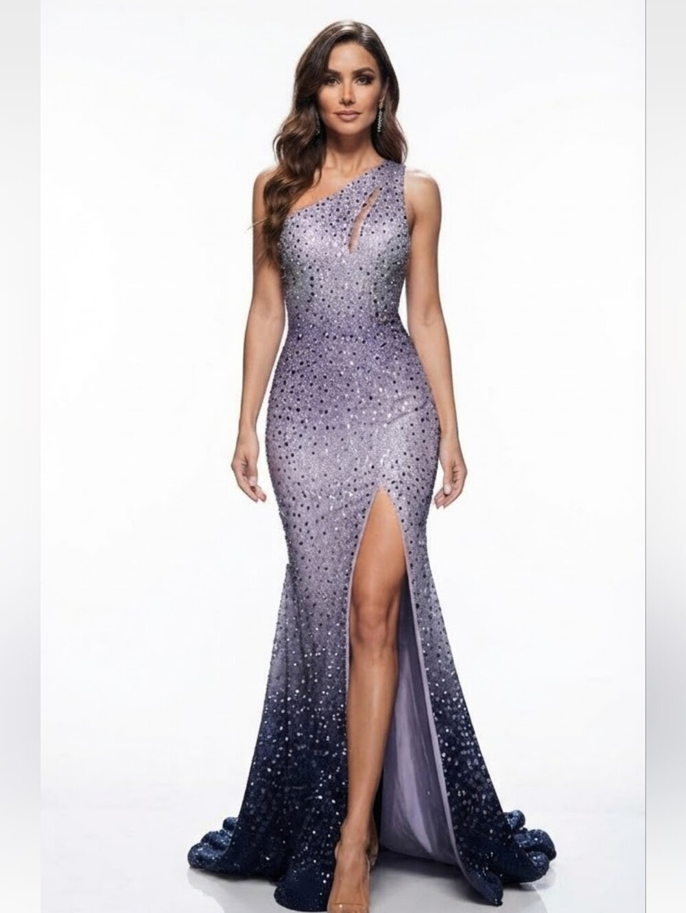 Purple, Colorblock,Ombre,Assymmetrical Neck, Sleeveless, Contrast Sequined Gown